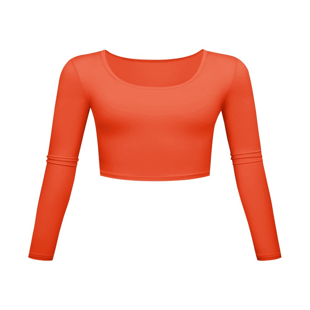 Long Sleeve Crop Tops for Women Workout Basic Clothes for Teen Ladies Fitted Slim Scoop Neck Cute Yoga Shirts (Orange, Small)