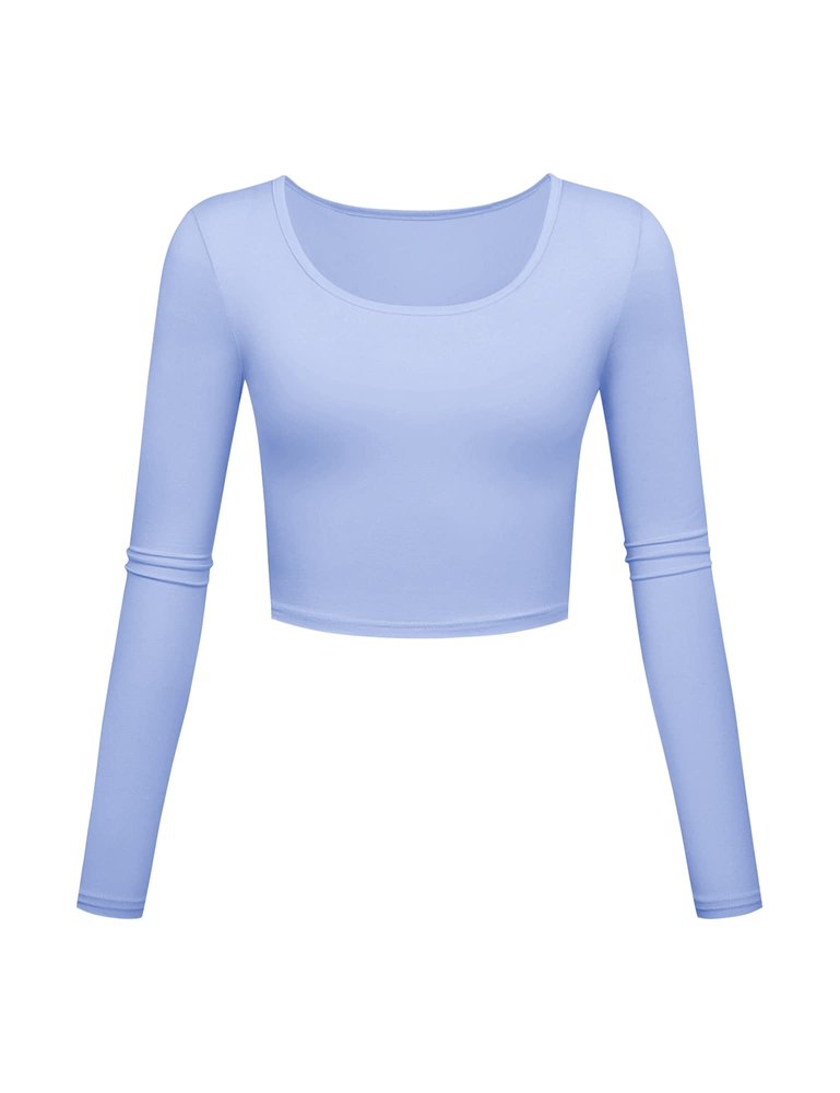 Long Sleeve Crop Tops for Women Workout Basic Clothes for Teen Ladies Fitted Slim Scoop Neck Cute Yoga Shirts (Light Blue, Small)