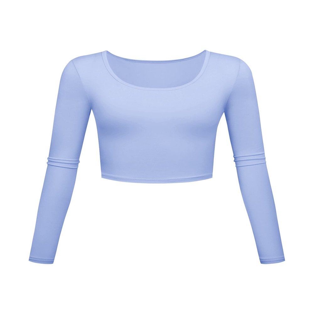 Long Sleeve Crop Tops for Women Workout Basic Clothes for Teen Ladies Fitted Slim Scoop Neck Cute Yoga Shirts (Light Blue, Medium)