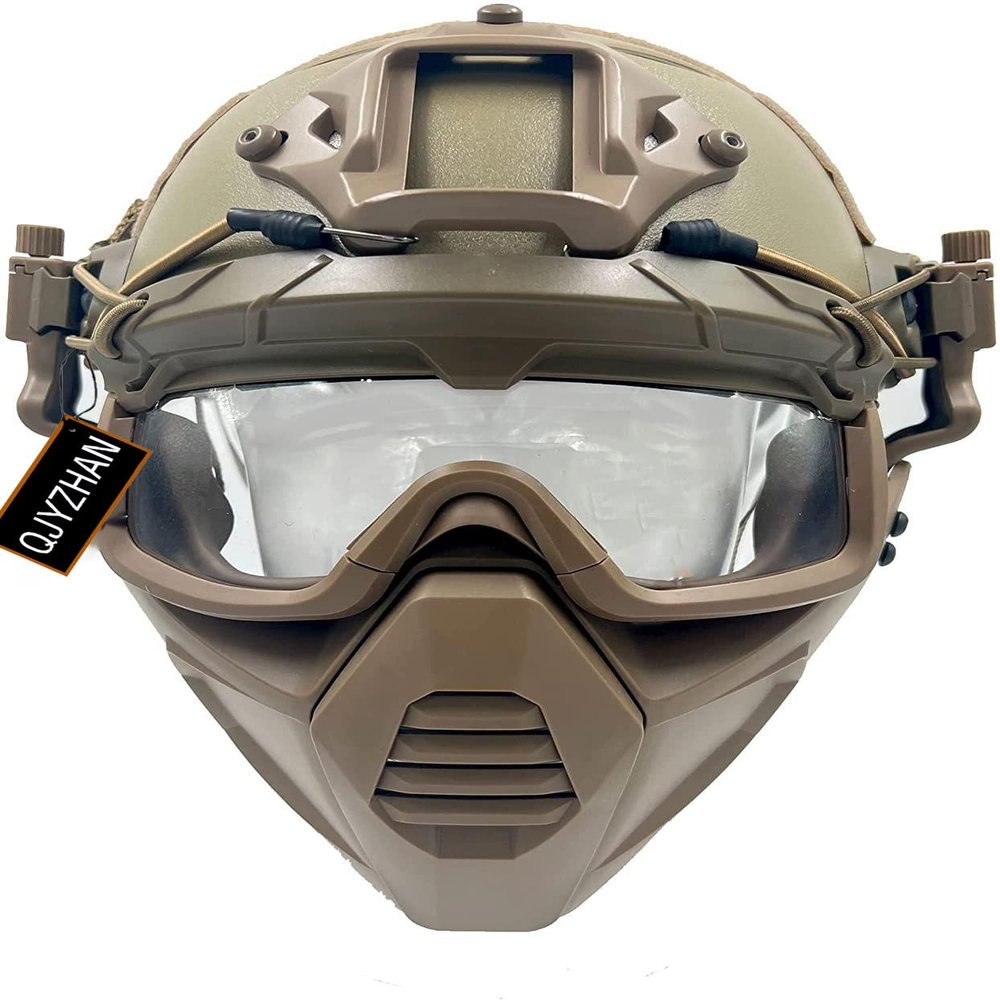 Airsoft Tactical Fast Helmet Military Half Mask with 3D Split Safety Goggles, Used for Airsoft Paintball Hunting Role-Playing CS Games, TAN