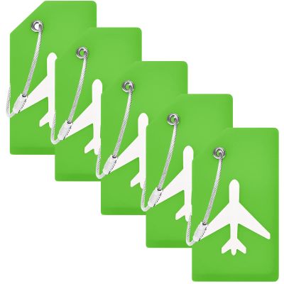 BlueCosto Luggage Tags (Small, Green, 5 PK) - Silicone Suitcase Tags w/Privacy Cover & Stainless Steel Wire Loops - Personalized Baggage Identifiers for Travel - Backpack Name Labels