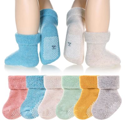 Eyean Baby Wool Grip Sock Soft Winter Warm Thick Non Slip Toddler Boy Girls Crew Socks For Children 6 Pairs (Solid Color-A, 1-3 Years)