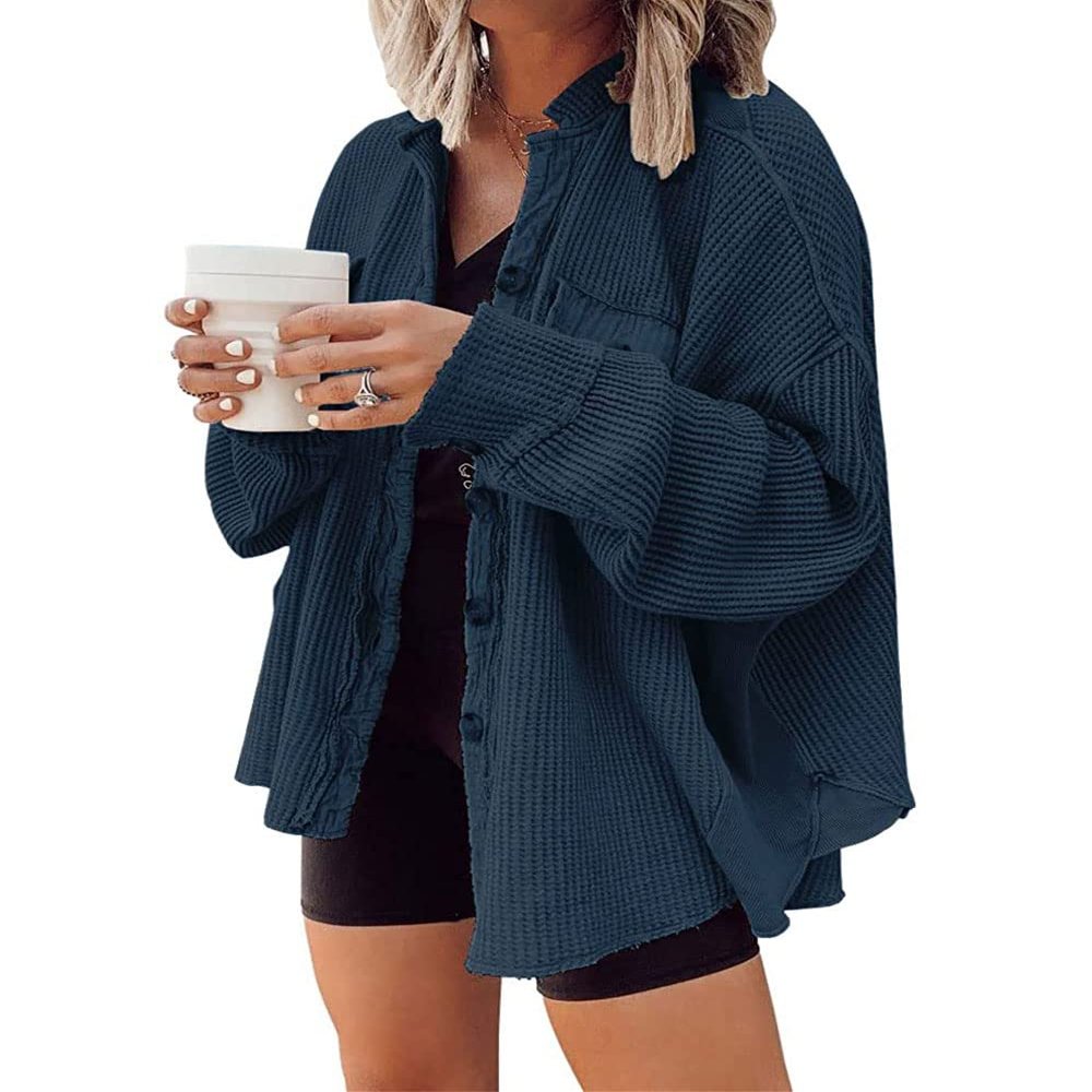 ebossy Womens Long Batwing Sleeve Splicing Cardigan Lightweight Waffle Textured Boyfriend Shirt Jacket Shacket (X-Large, Blue)