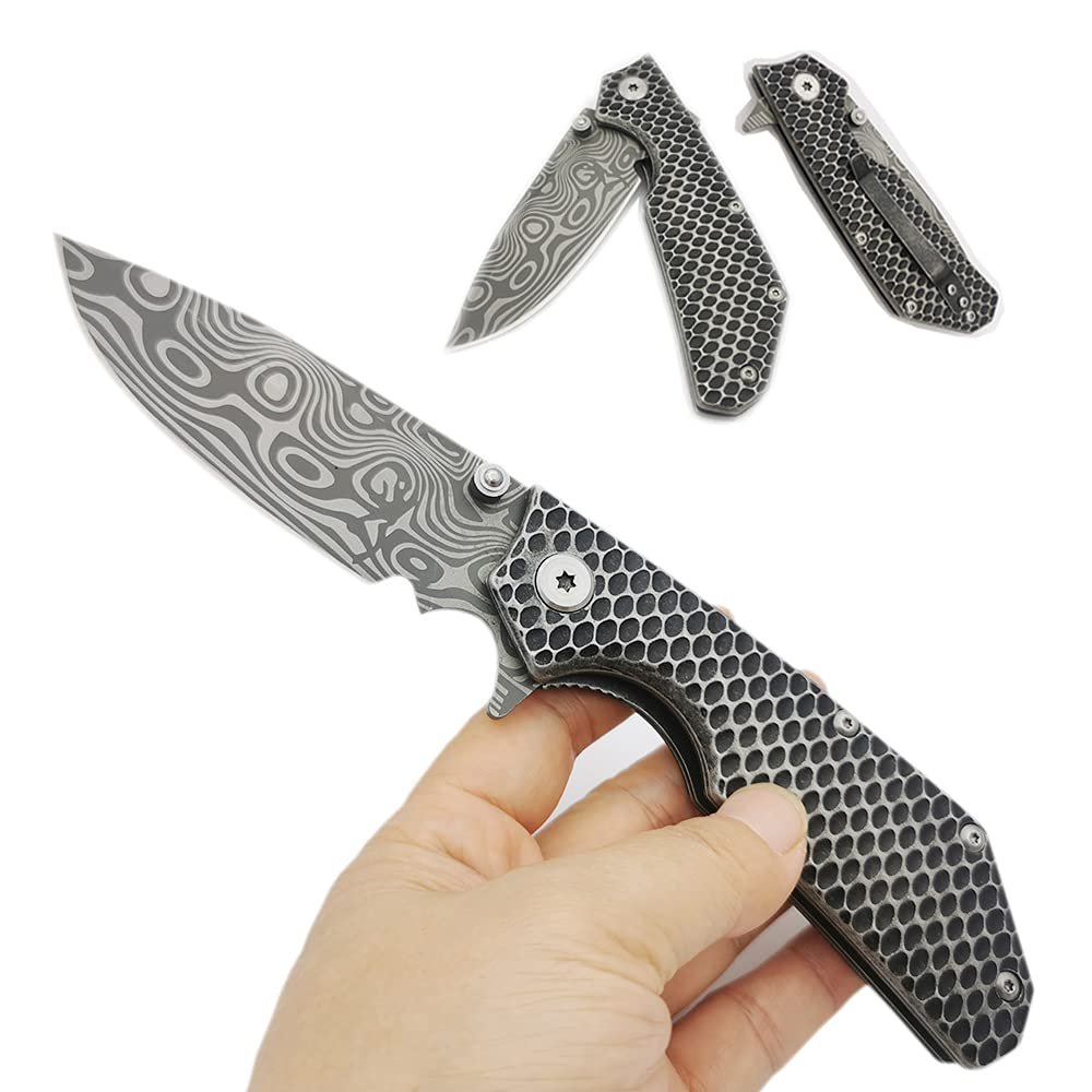 PUWANGDA Pocket Folding Knife Tactical Knife for Camping Hunting Hiking, with 7Cr17 Stainless Steel, with Titanium Coated Blade + Safety Liner-Lock + Belt Clip, WSteel Handle