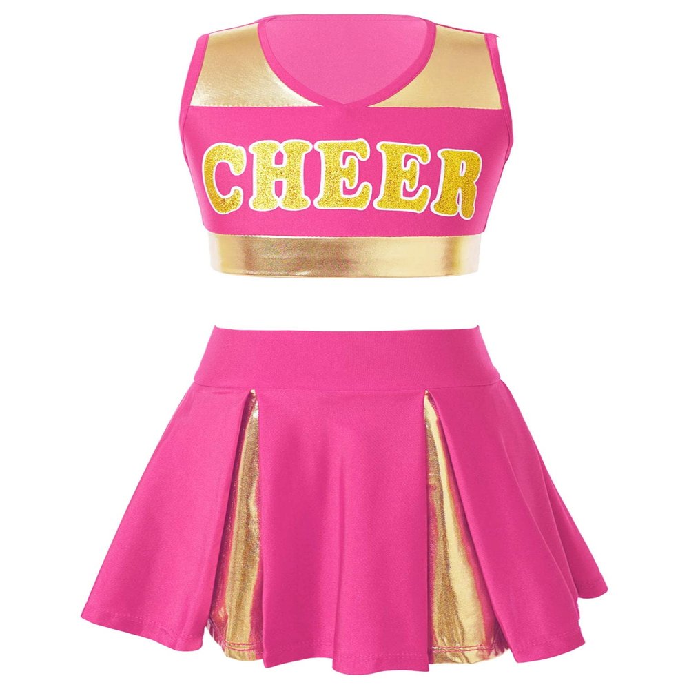 easyforever Girls Cheer Leader Outfit Cheerleading School Uniform Letter Print Tank Top with Pleated A-Line Skirt Set Hot Pink 8 Years
