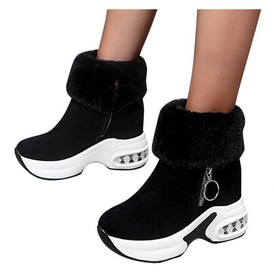 Hbeylia Platform Winter Snow Boots for Women Ladies with Fleece Lining Fashion Casual Suede Faux Fur Lined Round Toe Chunky Bottom High Heels Ankle Booties Warm Dress Short Boots with Side Zip