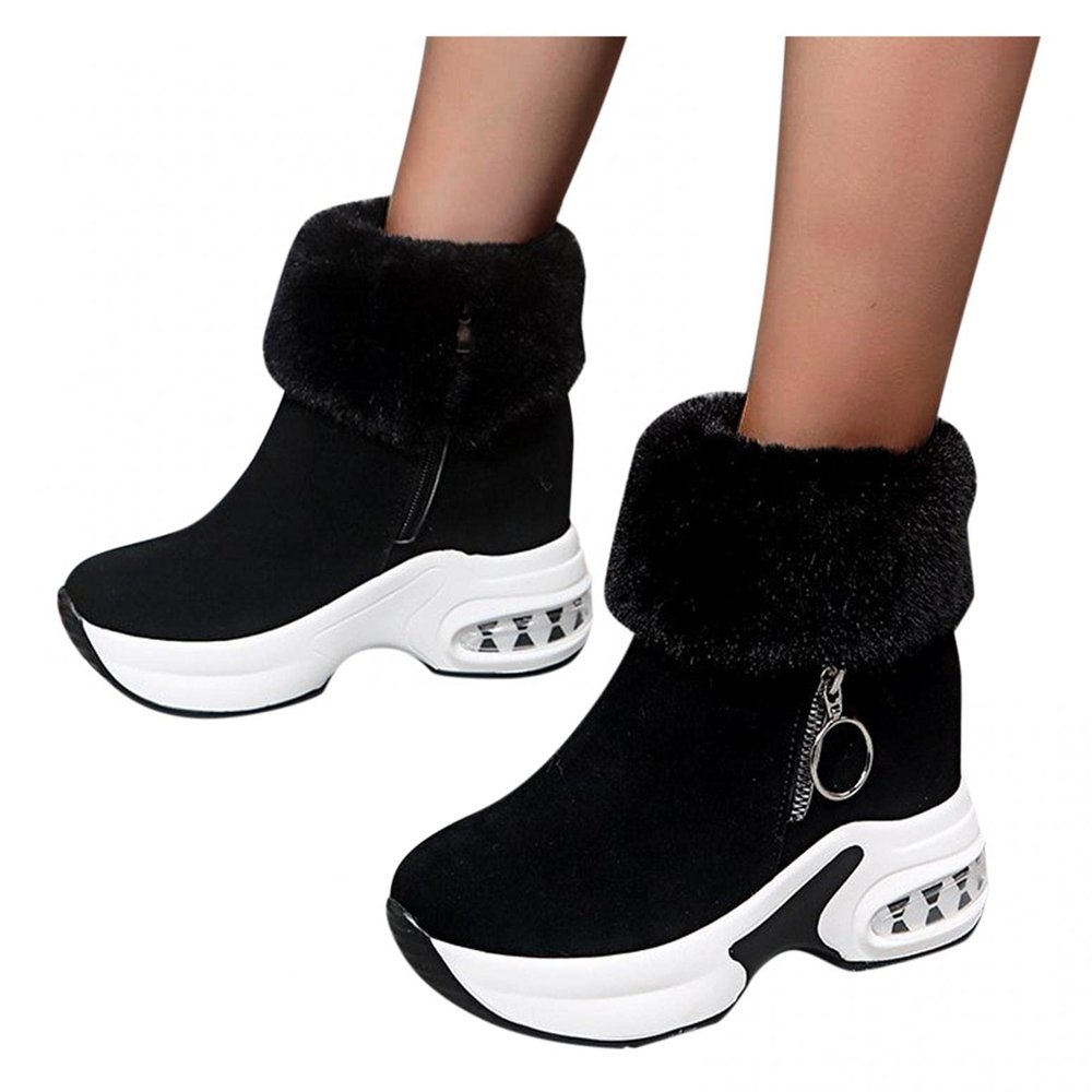 Hbeylia Platform Winter Snow Boots for Women Ladies with Fleece Lining Fashion Casual Suede Faux Fur Lined Round Toe Chunky Bottom High Heels Ankle Booties Warm Dress Short Boots with Side Zip