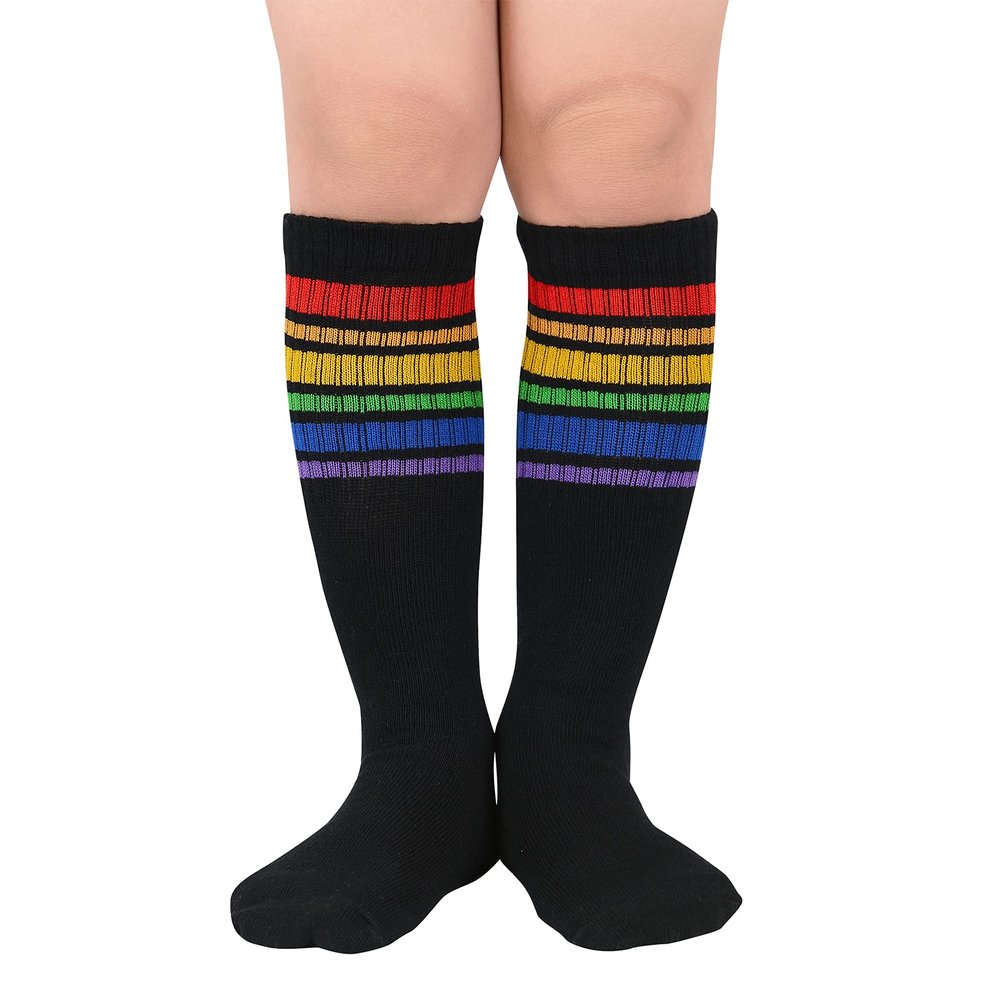 Durio Kids Rainbow Socks Cute Toddler Knee High Socks Soft Girls Knee High Socks for Toddler Girls 01 Black Rainbow