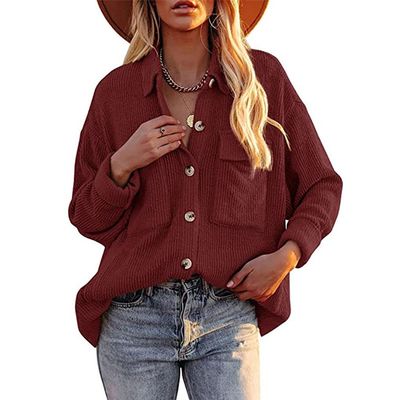 ebossy Womens Casual Loose Waffle Shirt Jacket Shacket Button Down Textured Oversized Corduroy Boyfriend Coat with Pockets (XX-Large, Wine-red)