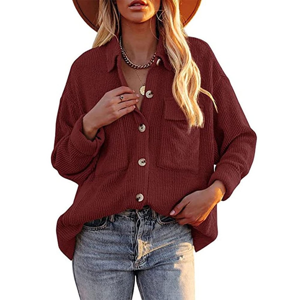 ebossy Womens Casual Loose Waffle Shirt Jacket Shacket Button Down Textured Oversized Corduroy Boyfriend Coat with Pockets (XX-Large, Wine-red)
