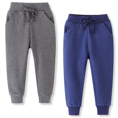 ACESTAR Toddler Boys'Cotton Jogger Pants, Little Boys Drawstring Elastic Waist Sweatpants Kids Active Pants with Pocket 2 Pack Dark Grey and Blue,2T