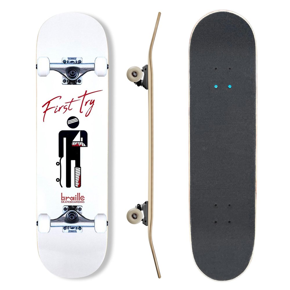 Complete Pro Skateboard by Braille for Girls, Boys, Kids Youth, Adult, Teens, Beginners - Fully Assembled with Poster & Stickers (8.375, First Try Broken Arm)