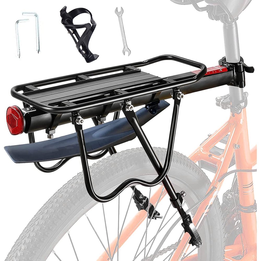 West Blaze Rear Bike Rack - Bike Rack for Back of Bike - Adjustable Bike Cargo Rack for Carrying Luggage and Panniers - Bicycle Rear Rack with Fender, Reflector and Bottle Holder, Black