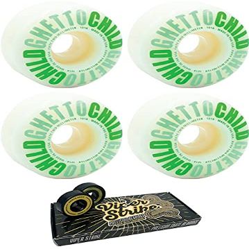 52mm Ghetto Child Classic Logo White / Green Skateboard Wheels - 99a with Viper Strike 8mm Precision ABEC 7 Skateboard Bearings - Bundle of 2 items