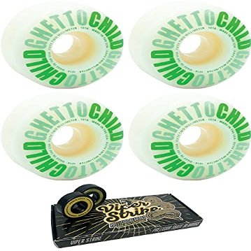 52mm Ghetto Child Classic Logo White / Green Skateboard Wheels - 99a with Viper Strike 8mm Precision ABEC 7 Skateboard Bearings - Bundle of 2 items
