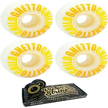 Ghetto Child 54mm Classic Logo White/Yellow Skateboard Wheels - 99a with Viper Strike 8mm Precision ABEC 7 Skateboard Bearings - Bundle of 2 Items