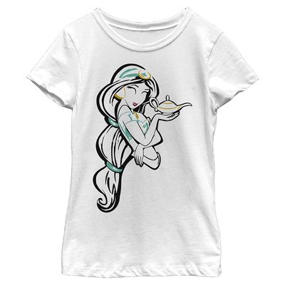 Disney Princess Line Art Jasmine Girl's Solid Crew Tee, White, Small