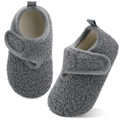 XIHALOOK Toddler Boys Girls Cozy Fleece Slippers with Non Skid Sole Bottom Warm Winter Socks Shoes Grey, 6.5-7.5 Toddler
