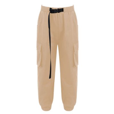 JanJean Kids Girls High Waisted Cargo Pants Casual Loose Combat Twill Trousers with Buckle Waist Belt Hip Hop Streetwear Khaki 8 Years