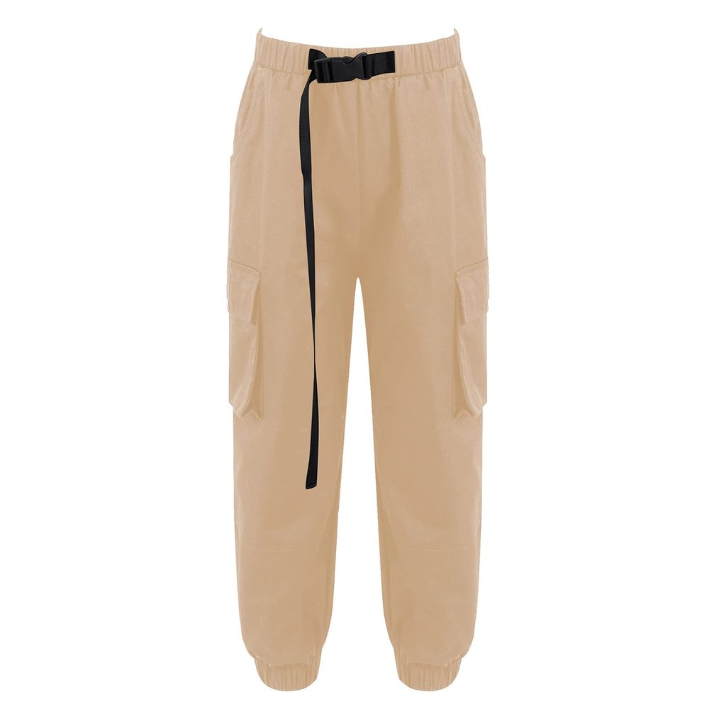 JanJean Kids Girls High Waisted Cargo Pants Casual Loose Combat Twill Trousers with Buckle Waist Belt Hip Hop Streetwear Khaki 8 Years