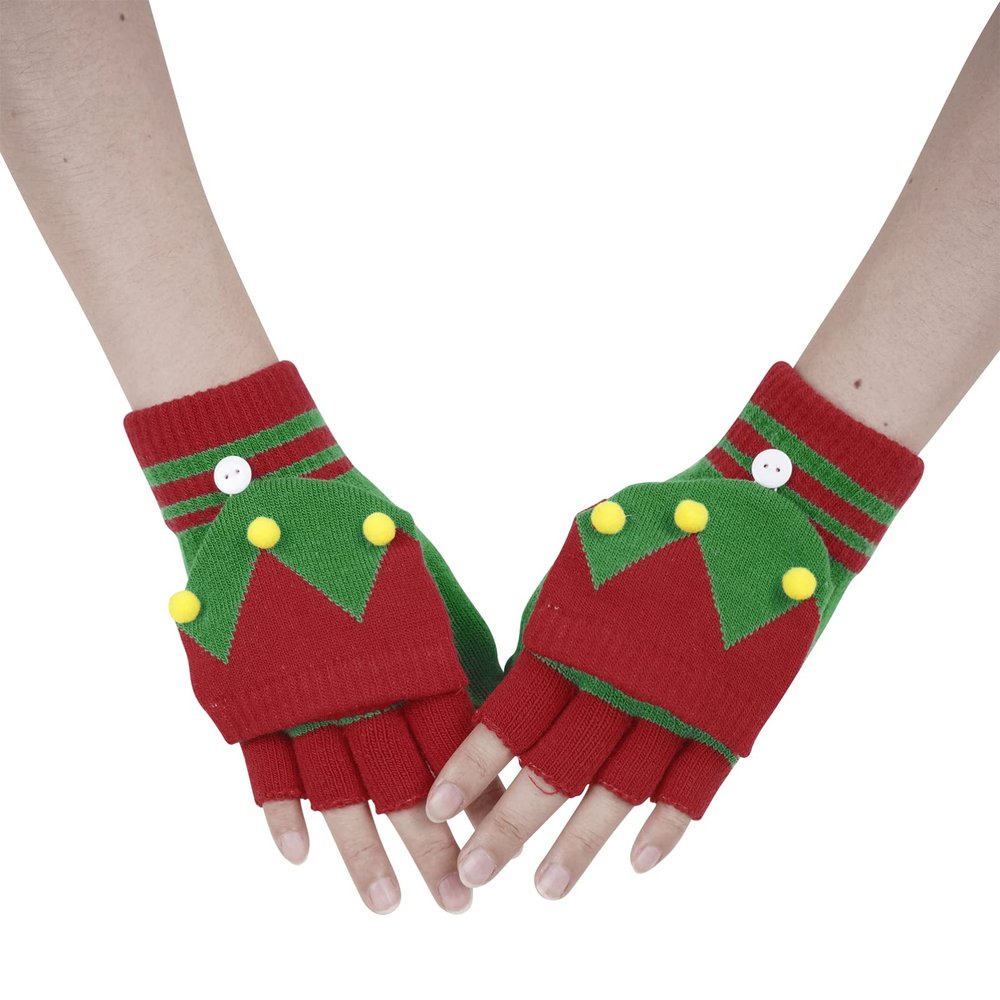 Alvivi Cotton Christmas Gloves Winter Warm Half Finger Gloves Convertible Mittens for Women Girl Wrist Warm Red&Green One Size