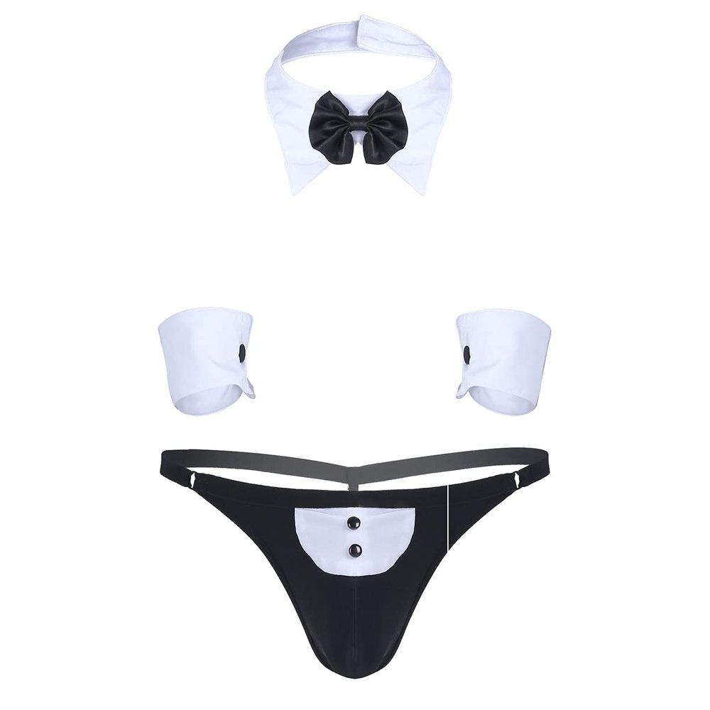 WinChang Mens Sexy Lingerie Set Waiter Tuxedo Role Play Uniform Night Club Costume Outfit Tuxedo Thong Set Medium
