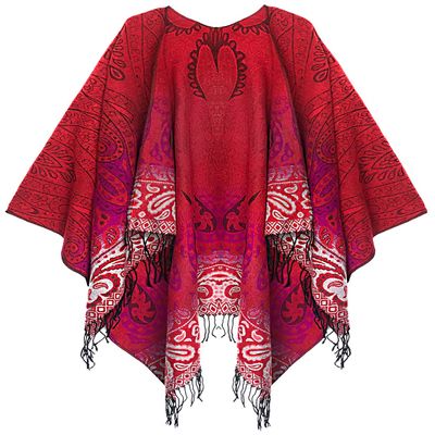 Urban CoCo Women's Fashionable Retro Style Vintage Pattern Tassel Poncho Shawl Cape (Series 4-Red)