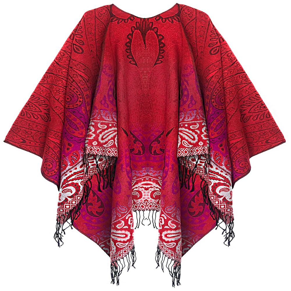 Urban CoCo Women's Fashionable Retro Style Vintage Pattern Tassel Poncho Shawl Cape (Series 4-Red)