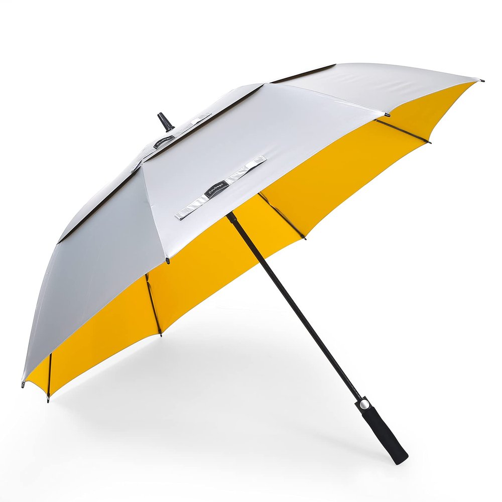 Doubwell UV protection UPF 50+ golf umbrella 62/68 Inch large umbrella automatic open windproof sturdy construction shade for sun and rain (68 inch, Silver/Yellow)