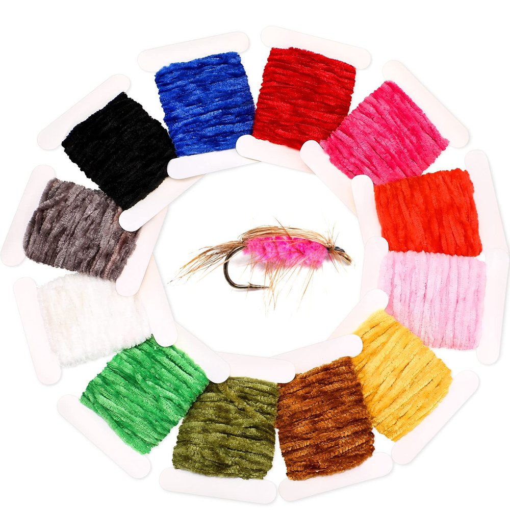 BBTO 12 Pieces Fly Tying Materials - 65.64 Yards Chenille DIY Fly Tying Thread Craft Fly Tying Tinsel for Streamers, Wooly Buggers, Nymphs