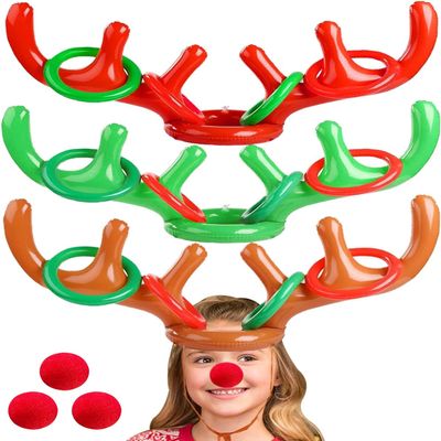 18 Pieces Inflatable Reindeer Antler Ring Toss Christmas Games 2 Colors Antler Hats Christmas Party decorations for Kids Adults Family Xmas Carnival Party Toys(3 Antler Hat, 12 Rings, 3 Reindeer Nose)