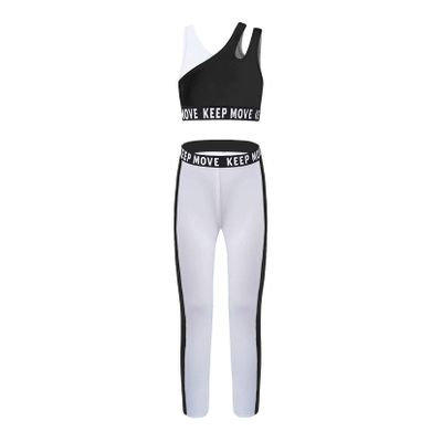 Moggemol Girls Printed Athletic Crop Top with Leggings Sets Jazz Hip Hop Workout Gymnastic Dance Outfit Black,Asymmetry 4