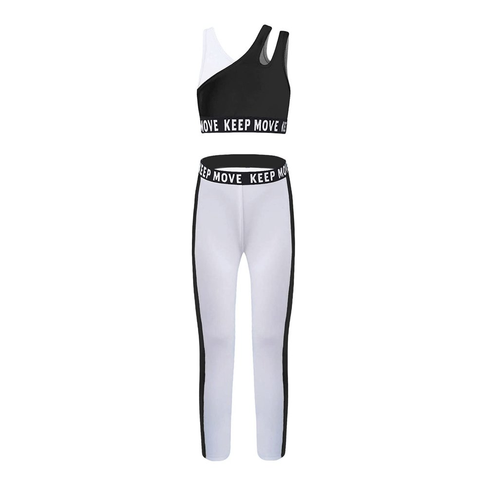 Moggemol Girls Printed Athletic Crop Top with Leggings Sets Jazz Hip Hop Workout Gymnastic Dance Outfit Black,Asymmetry 4