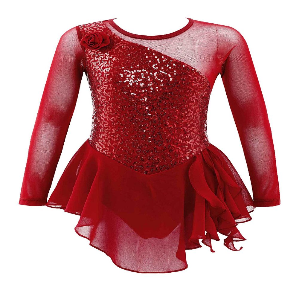 Oyolan Kid Girls Figure Ice Skating Roller Dress Mock Neck Mesh Splice Cutout Gymnastics Leotard Dancewear Red 10 Years