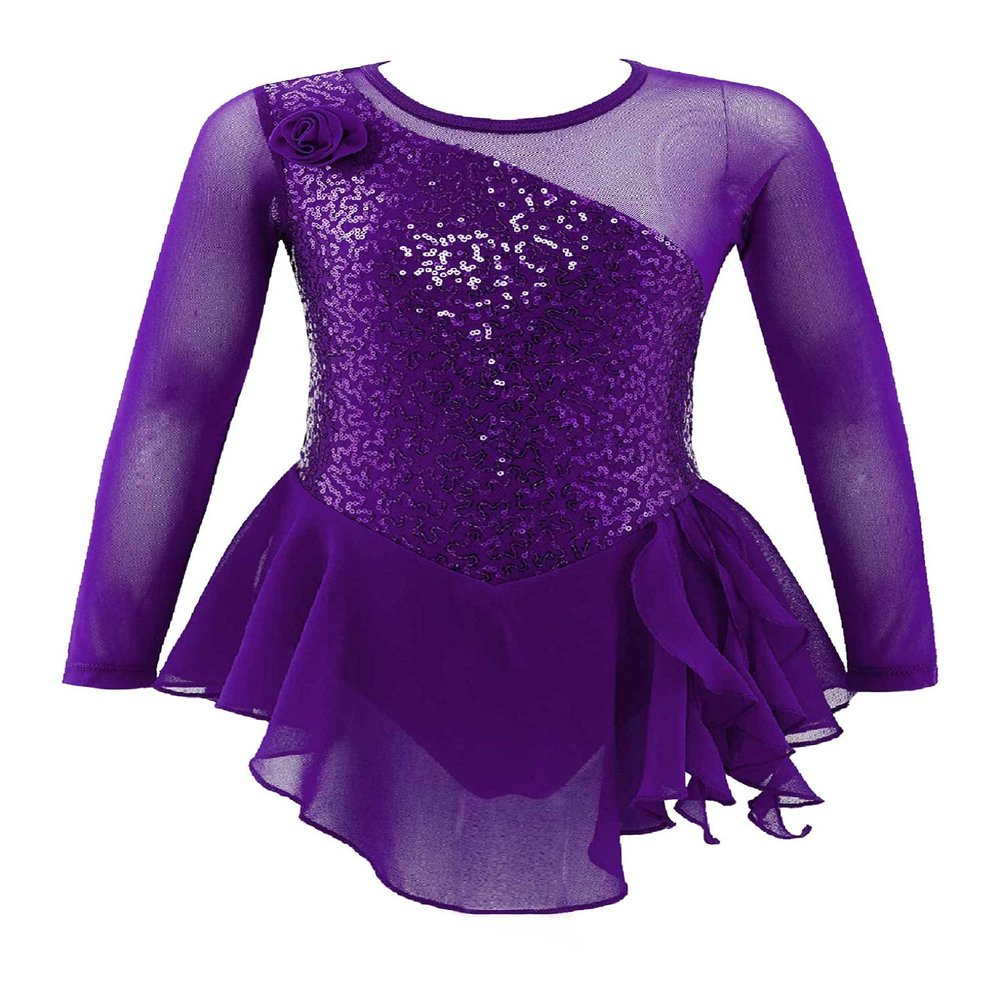 Oyolan Kid Girls Figure Ice Skating Roller Dress Mock Neck Mesh Splice Cutout Gymnastics Leotard Dancewear Purple 12 Years