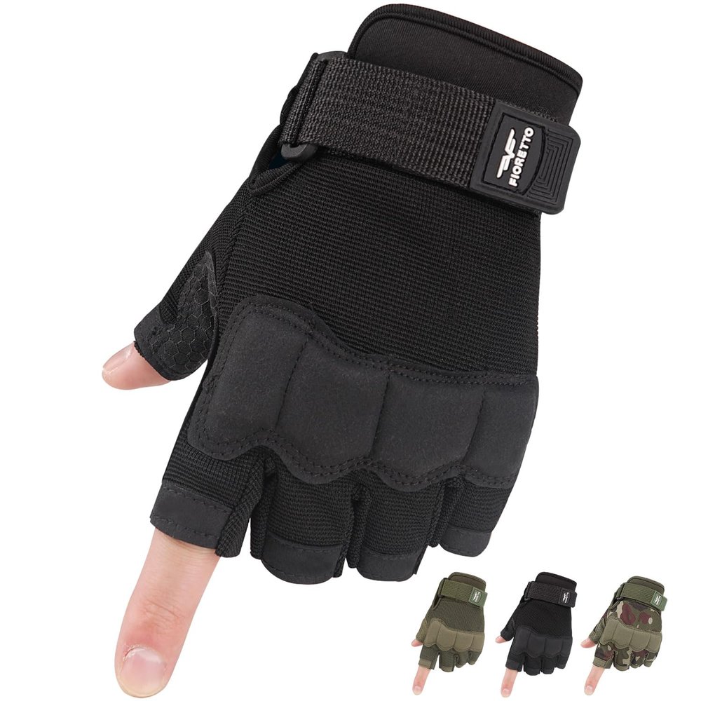 FIORETTO Fingerless Gloves, Airsoft Gloves, Half Finger Gloves for Driving, Cycling, Shooting, Hunting, Motorcycle, Climbing, Outdoor Work Black Small