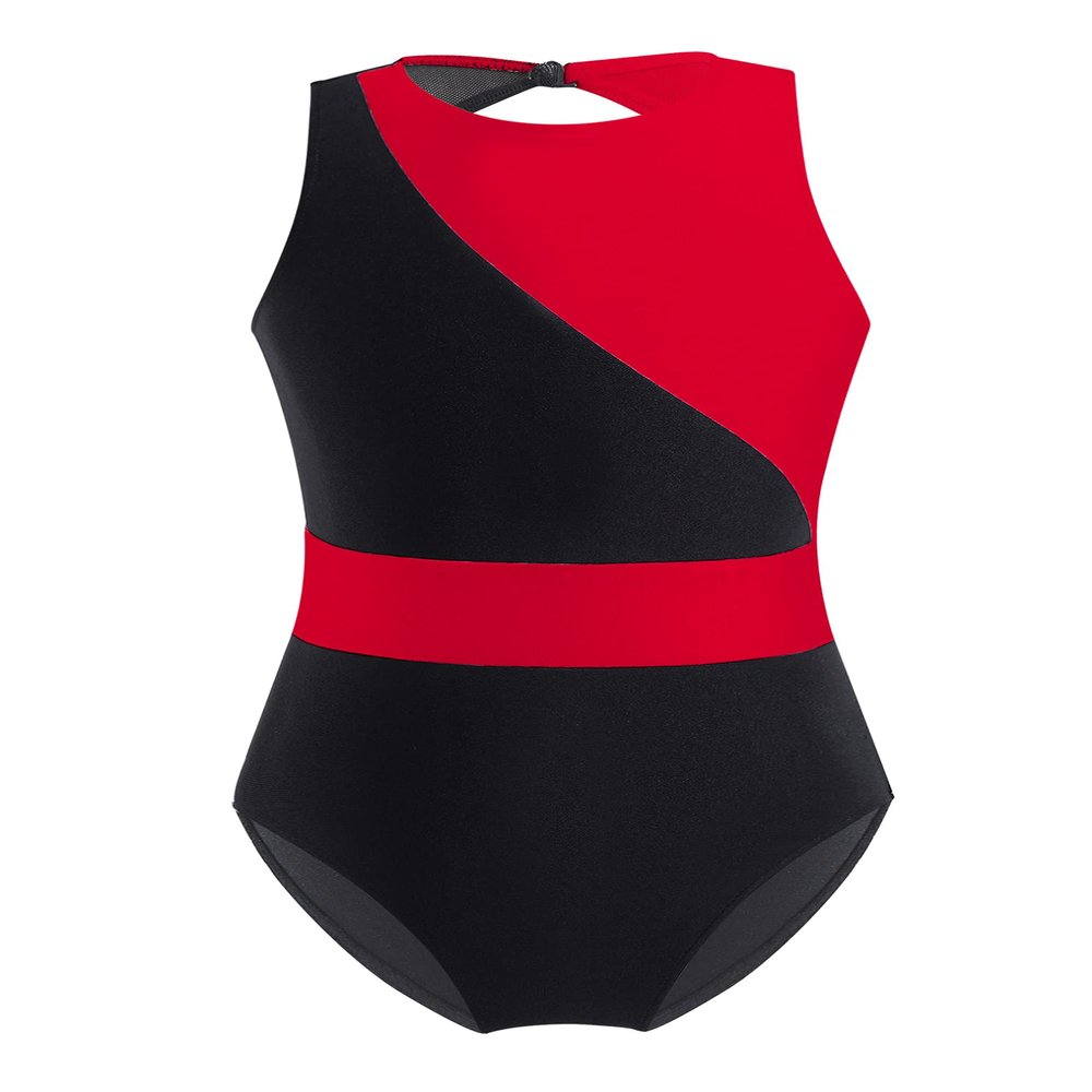 FEESHOW Girls Kids Gymnastics Leotards Ballet Swimwear Youth One-Piece Cutout Back Athletic Unitard Bodysuit Red&Black 6 Years