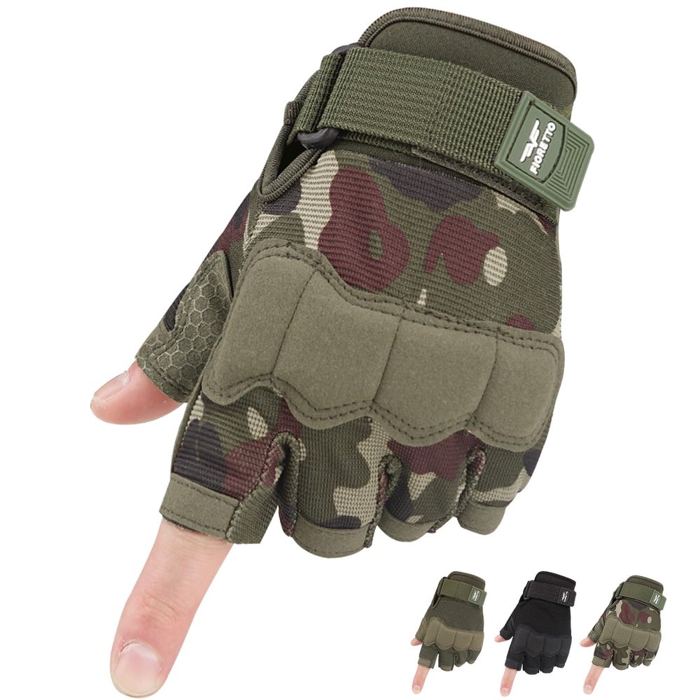 FIORETTO Fingerless Gloves, Airsoft Gloves, Half Finger Gloves for Driving, Cycling, Shooting, Hunting, Motorcycle, Climbing, Outdoor Work Green Camo Small