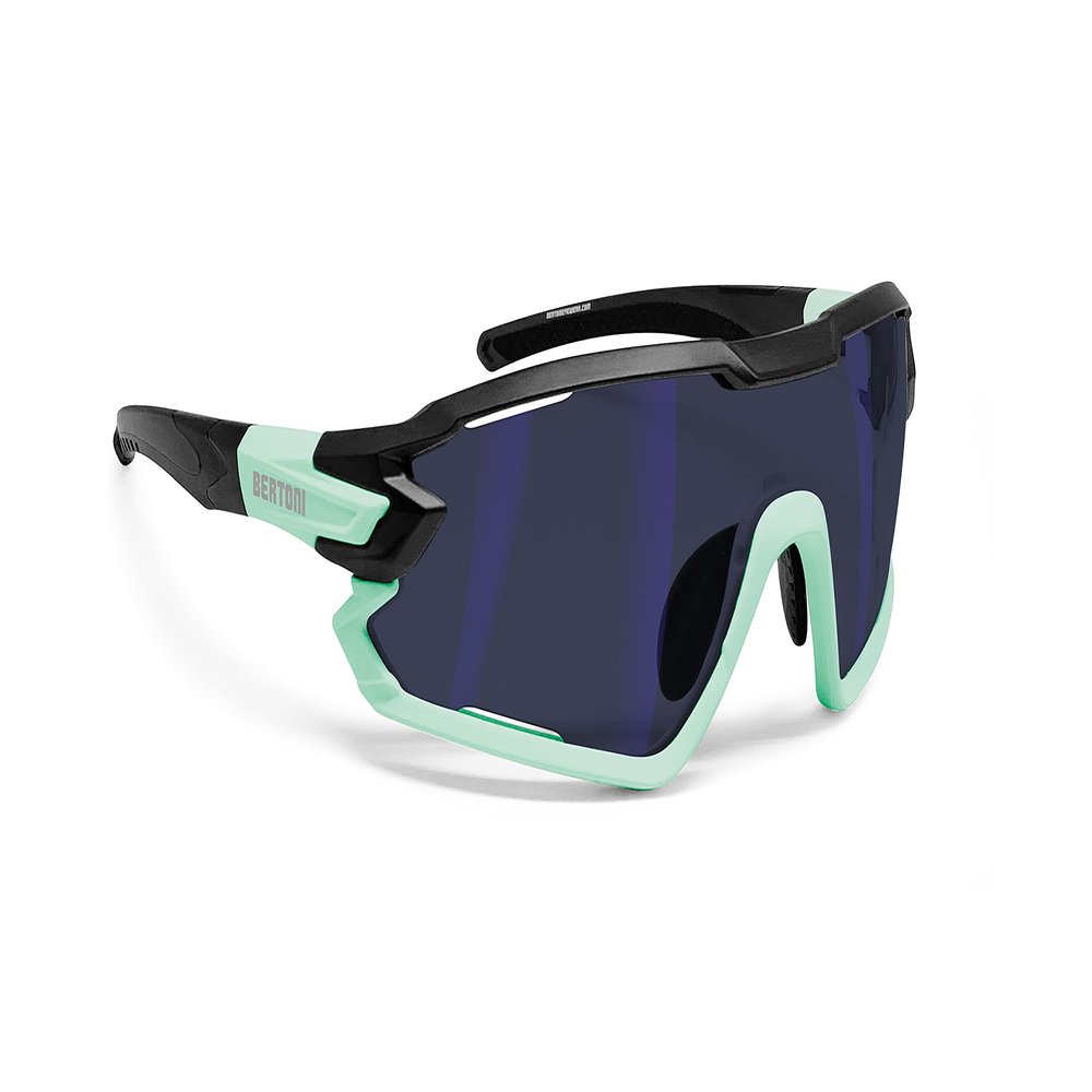 Bertoni Sport Sunglasses Polarized Photochromic Cycling MTB w. Prescription Carrier QUASAR (Black-Aquamarine/Blue Mirror)