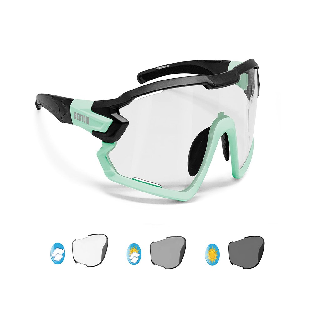 Bertoni Sport Sunglasses Polarized Photochromic Cycling MTB w. Prescription Carrier QUASAR (Black-Aquamarine/Photochromic)