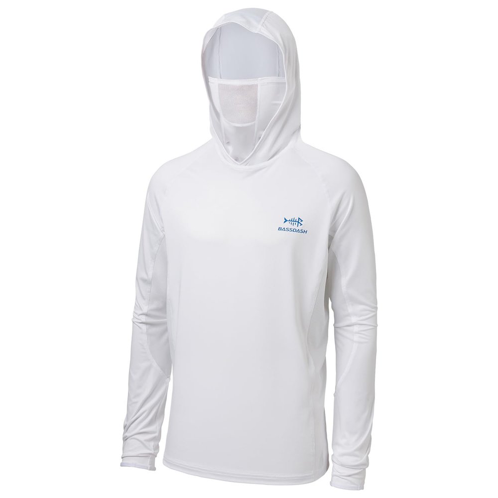 BASSDASH UPF 50+ Mens Long Sleeve Fishing Shirt with Mask UV Neck Gaiter Hoodie White