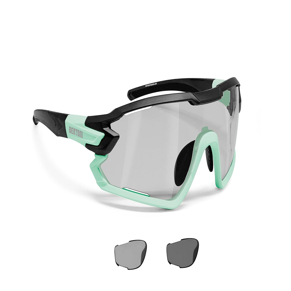 Bertoni Sport Sunglasses Polarized Photochromic Cycling MTB w. Prescription Carrier QUASAR (Black-Aquamarine/Photochromic Polarized)