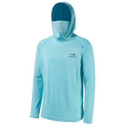 BASSDASH UPF 50+ Mens Long Sleeve Fishing Shirt with Mask UV Neck Gaiter Hoodie Turquoise