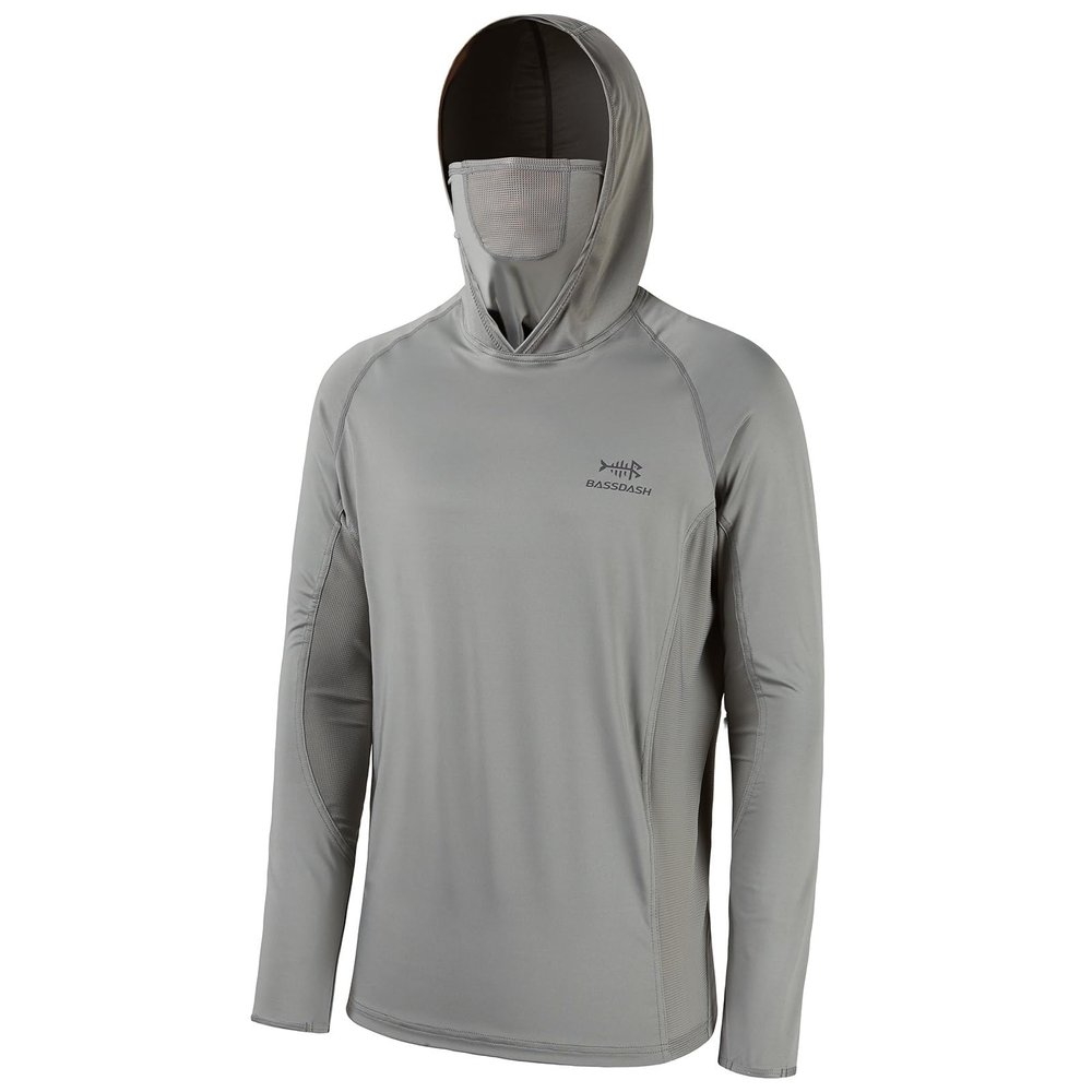 BASSDASH UPF 50+ Mens Long Sleeve Fishing Shirt with Mask UV Neck Gaiter Hoodie Ash Grey