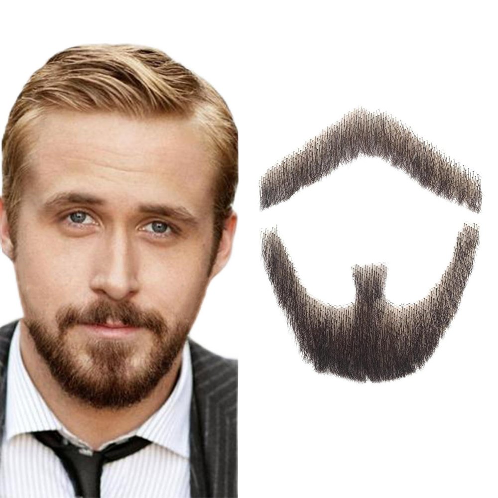 Qiureva Fake Mustache Fake Beard Realistic 100% Human Hair Full Hand Tied Goatee False Beards Lace Invisible Fake Mustache for Halloween Dressing Men Makeup Entertainment/Drama/Party/Movie Brown