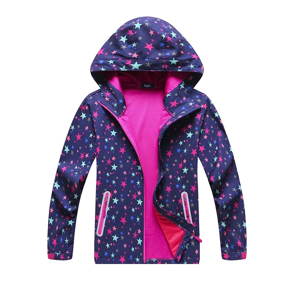 BINPAW Girls Lightweight Softshell Windbreaker Jacket Cartoon Printting Hooded Outerwear, Purple star, 10-12 Years/Tag 150