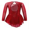 Agoky Kids Girls Sequins Figure Ice Skating Dress Hollow Back Mesh Gymnastics Leotard Wrap Skirt Ballet Lyrical Dance Costume Red 12 Years view 2