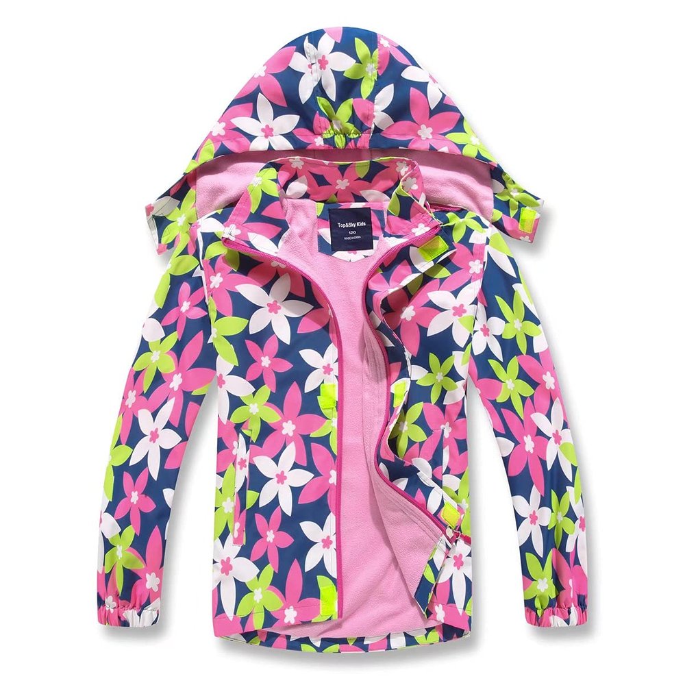 BINPAW Girls Lightweight Softshell Windbreaker Jacket Cartoon Printting Hooded Outerwear, Pink flower, 8-9 Years/Tag 140