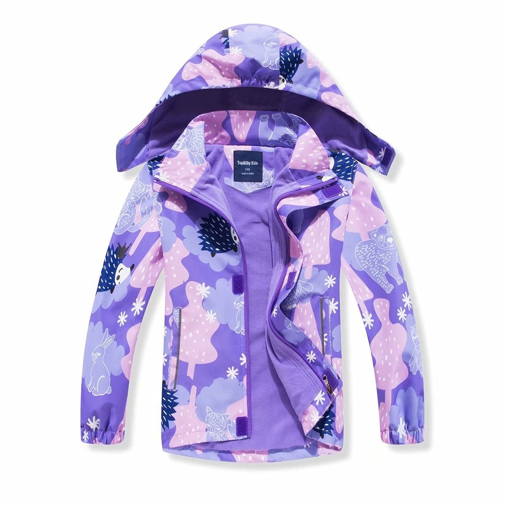 BINPAW Girls Lightweight Softshell Windbreaker Jacket Cartoon Printting Hooded Outerwear, Purple animal, 8-9 Years/Tag 140