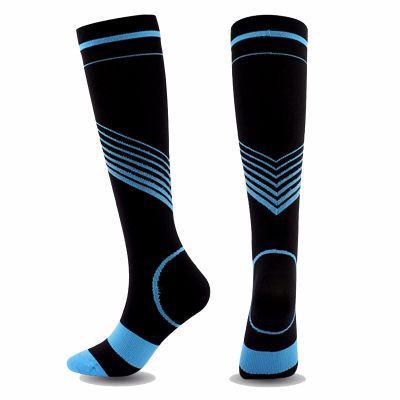 WSYKC Compression Socks, Blue and Black Striped Compression Socks, Outdoor Sports Tube Socks, Socks Suitable for People Who Exercise or Stand for a Long Time L/XL